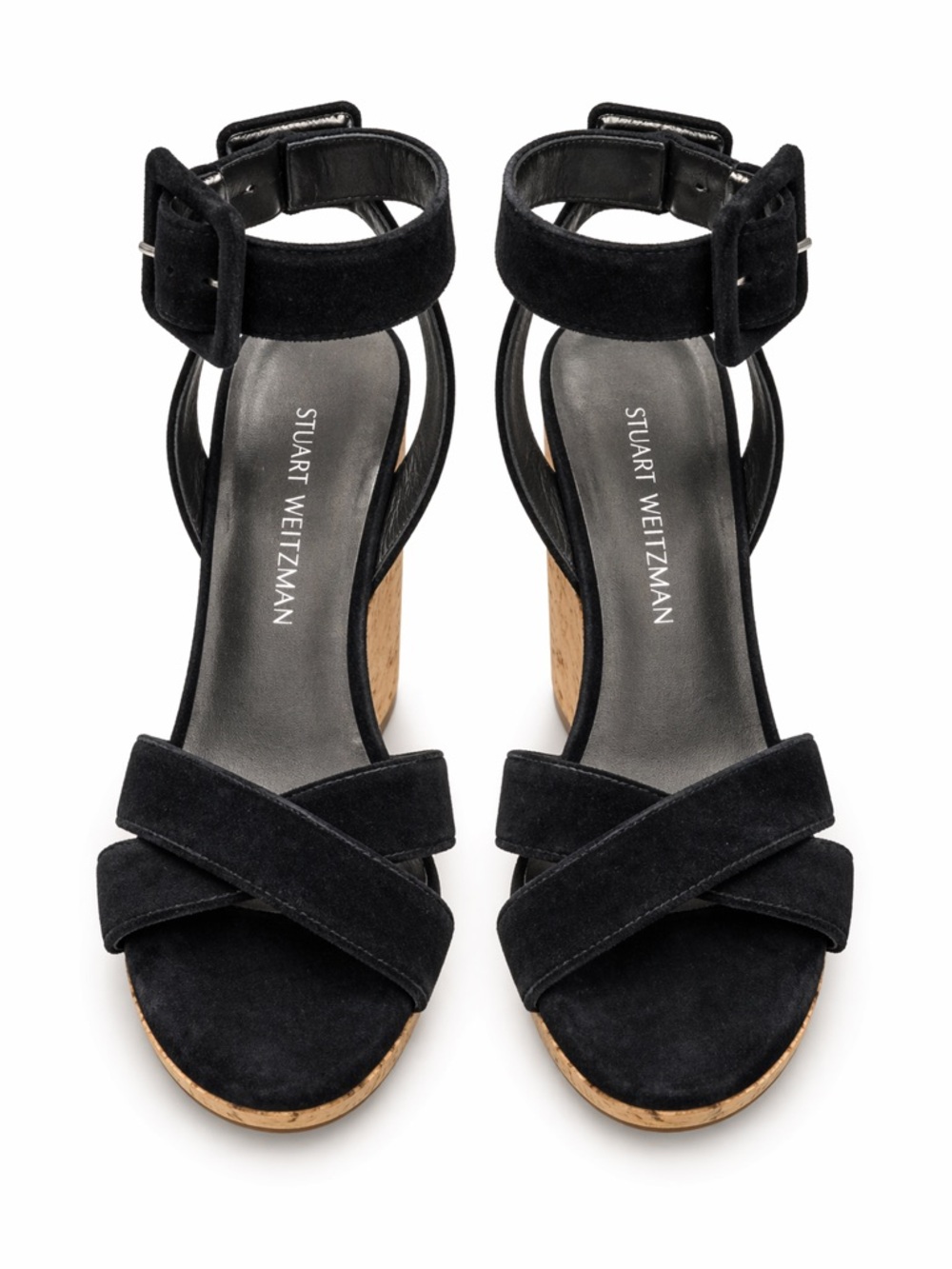 Stuart Weitzman Navy Suede Cork-Wedge Ankle-Strap Sandals